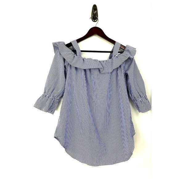 Janet Chung Womens Size L  Blouse Blue White Striped Off Shoulder Ruffle Top H2 - Picture 5 of 12